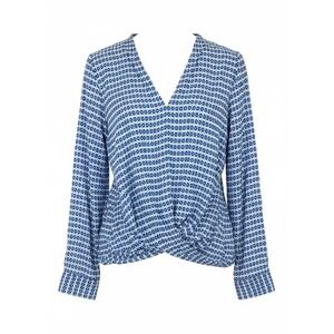 PLEIONE Womens Blue Diamond Crossover Surplice Long Sleeve Wrap Top Size M